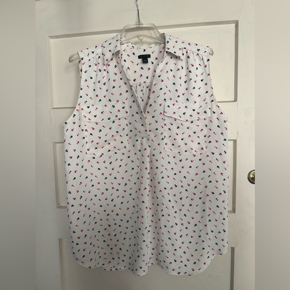 Ann Taylor White Blouse with Red and Black Pattern